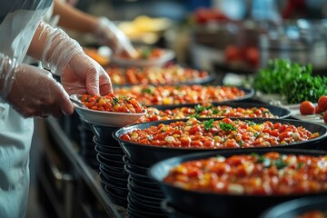 Chefs prepare vibrant dishes in a bustling kitchen during a busy culinary event in the late afternoon