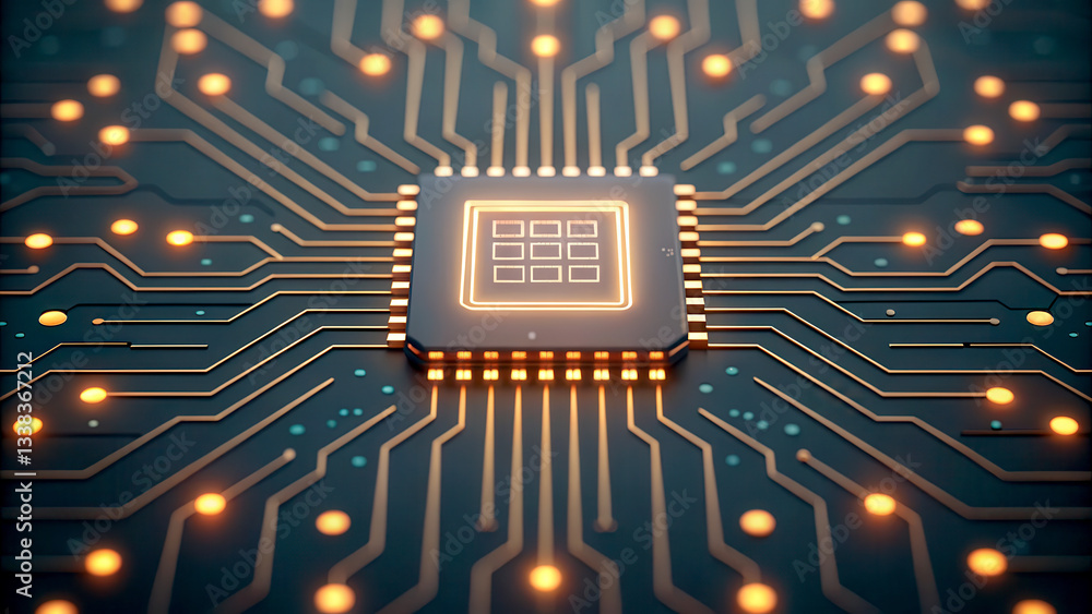 Poster artificial general intelligence concept. futuristic microchip with glowing circuits and connections 