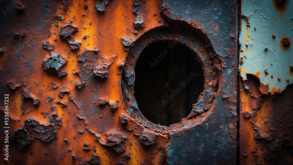 Poster Rust on metals. Corrosive rust visible on aged iron featuring a hole. Background of rusty metal with rust streaks. Old, worn-out paint. Texture background of metal rust.