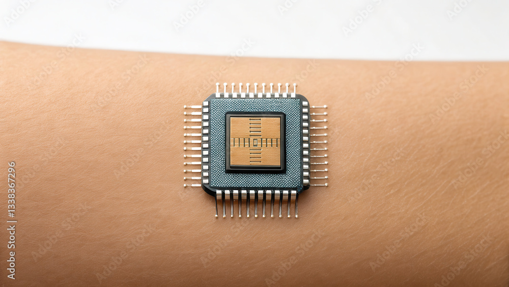 Poster artificial general intelligence concept. a microchip embedded in skin, showcasing technology integra
