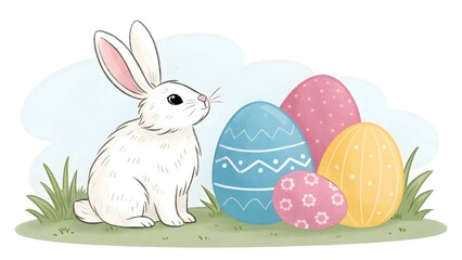 Obraz premium Adorable White Easter Bunny with Colorful Decorated Eggs in Grass