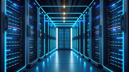 Business continuity concept. A futuristic server room illuminated with blue lights, showcasing rows of data servers and a sleek, high-tech design.