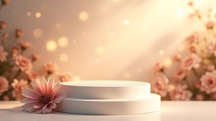 Golden Glow Elegant Product Podium with Floral Bokeh
