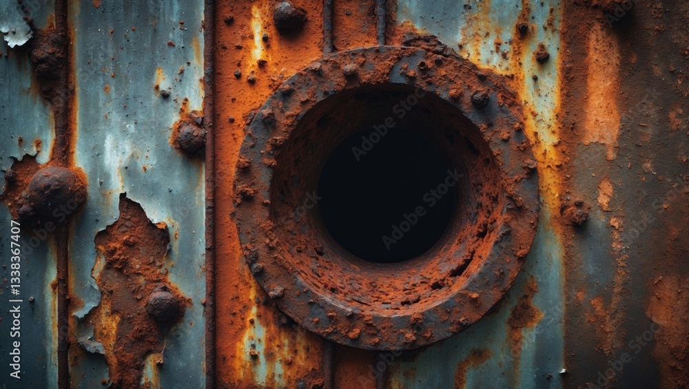 Poster Rust on metals. Corrosive rust on aged iron featuring a hole. Background of rusty metal with rust streaks. Old worn paint. Metal rust texture backdrop.