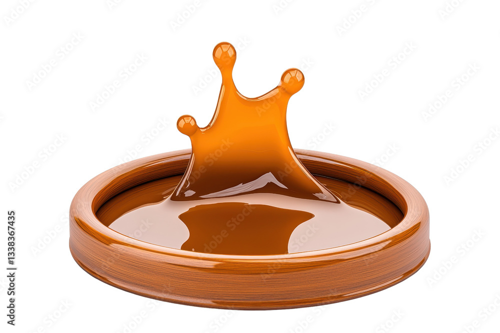 Poster splash of caramel forms crown shape in wooden bowl, showcasing smooth and glossy texture. rich amber