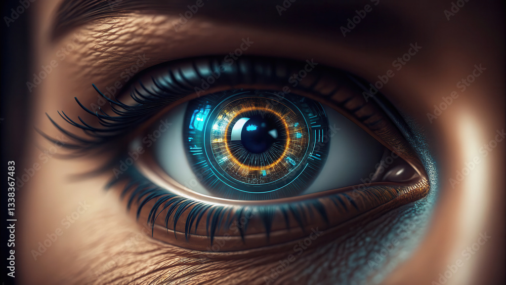 Poster artificial general intelligence concept. a close-up of a futuristic eye with intricate technology an