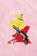Trend image vertical photo collage of armor steel sword protection pistol shot battle knife vs gun...