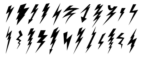 Light Bolt icons design. Hand drawn lightning bolt icons set, isolated on white background. Lightning and thunder symbol design.
