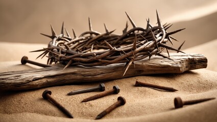 Fototapeta premium Jesus Crown Thorns and nails alongside a cross on sand. Vintage retro design.