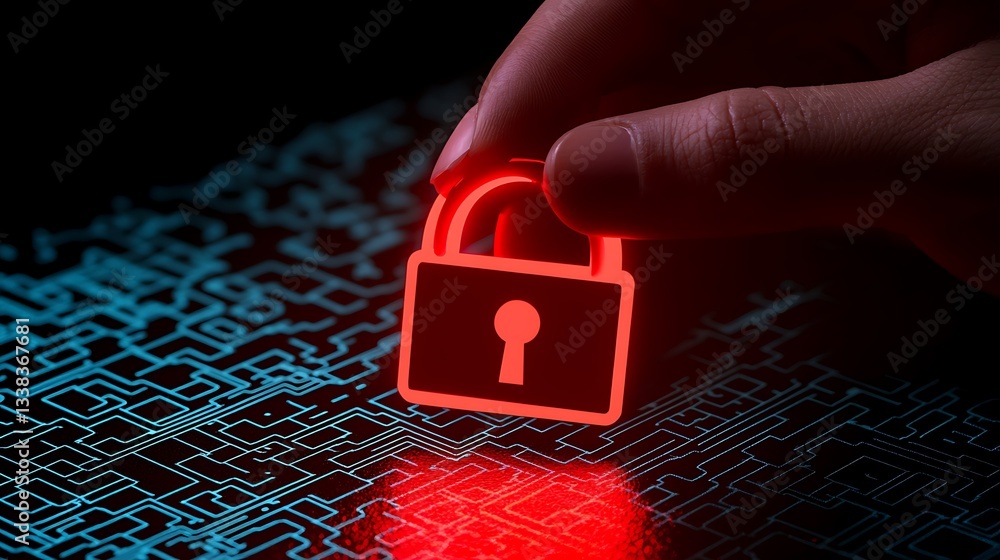 Poster hand holding red neon lock symbol over dark digital background with circuit patterns and security th