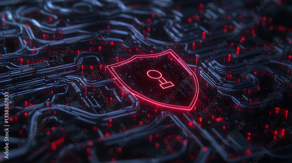 Poster high-tech cybersecurity concept with digital shield and circuit design in red and black colors