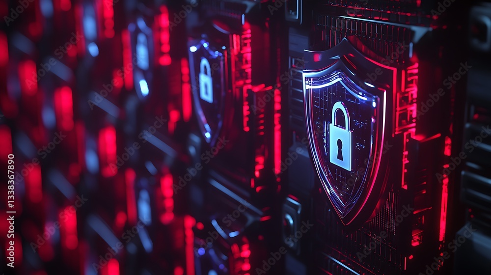Poster high-tech cybersecurity shield with digital lock on futuristic computer server background lit in red