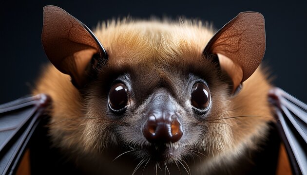 Macro shot of a bat&rsquo;s face, highlighting the unique structure of its nose and ears. A fascinating and detailed image, perfect for wildlife enthusiasts and animal photography lovers