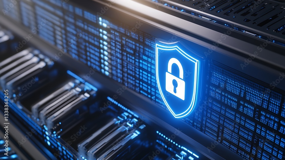 Poster high-tech data security server with digital lock icon and glowing blue elements for cybersecurity co