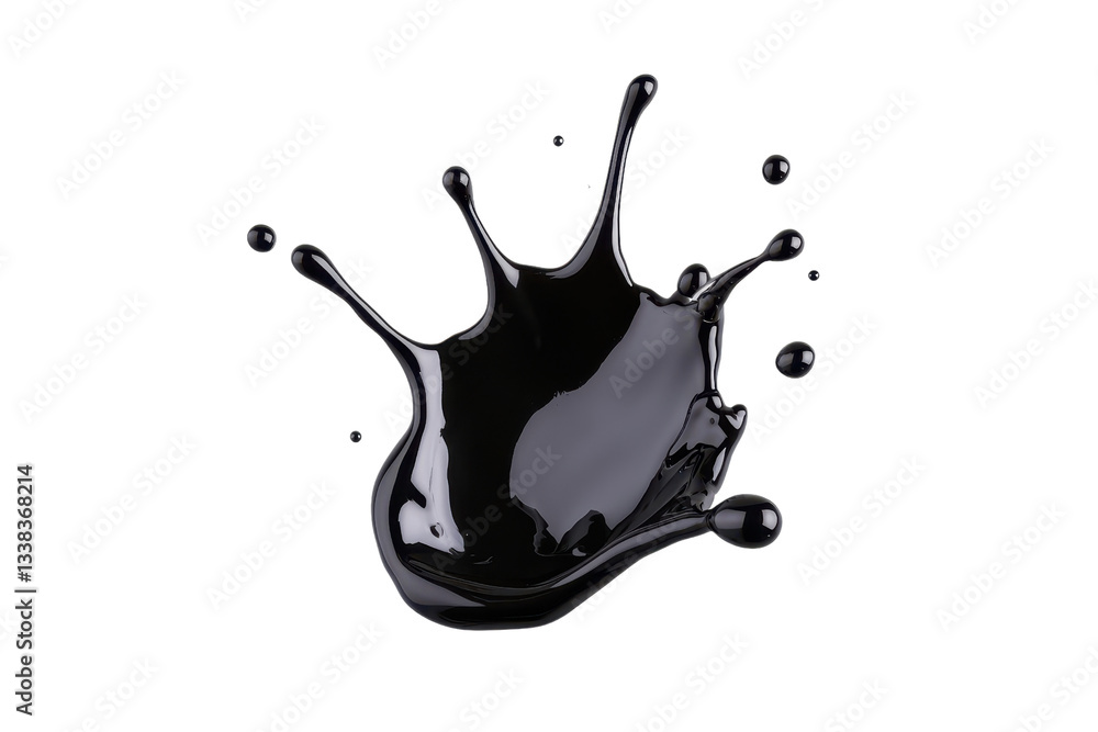 Poster splash of glossy black liquid with droplets suspended in mid air, creating dynamic and fluid motion 