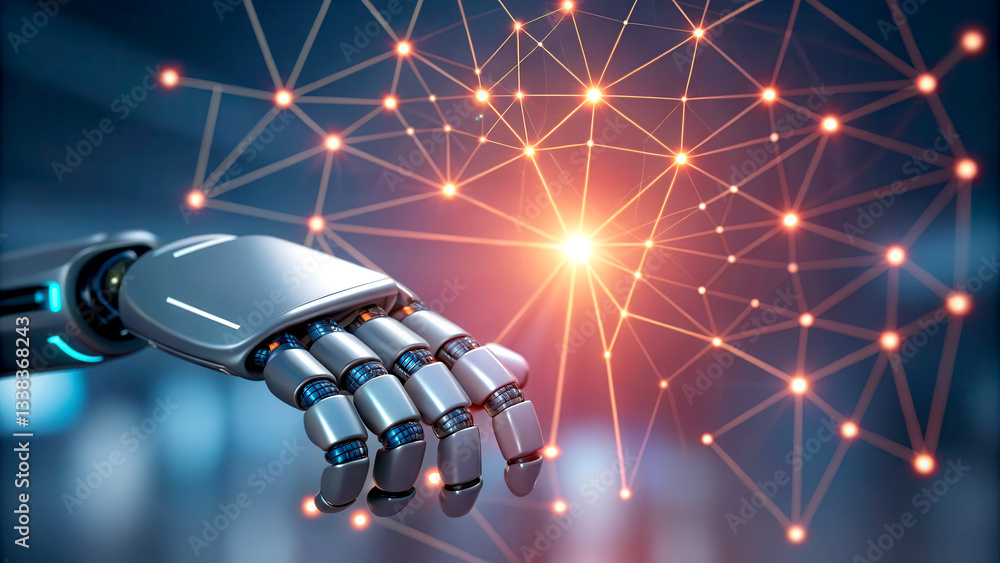Poster agi impact concept. a robotic hand reaches towards a glowing network of interconnected nodes, symbol
