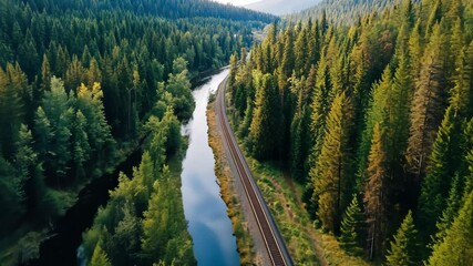 A picturesque aerial view of a railway track running alongside a winding river through a dense forest on a summer afternoon, symbolizing travel, adventure, and scenic train journeys