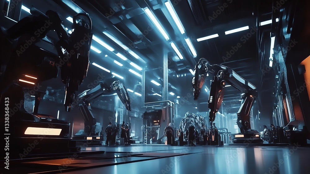 Aufkleber a futuristic factory with ai-powered bionic robotic arms in production.