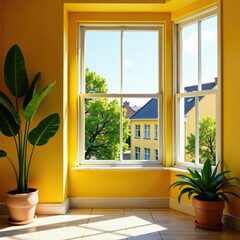 Fototapeta premium Sun-drenched yellow Victorian terrace, bay window, building, summer, bay window