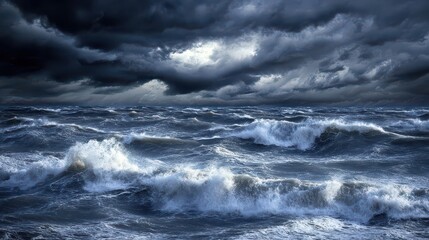 Obraz premium A storm over the sea with dark skies, fierce winds, and waves crashing against the shore, illustrating the power and intensity of weather system.