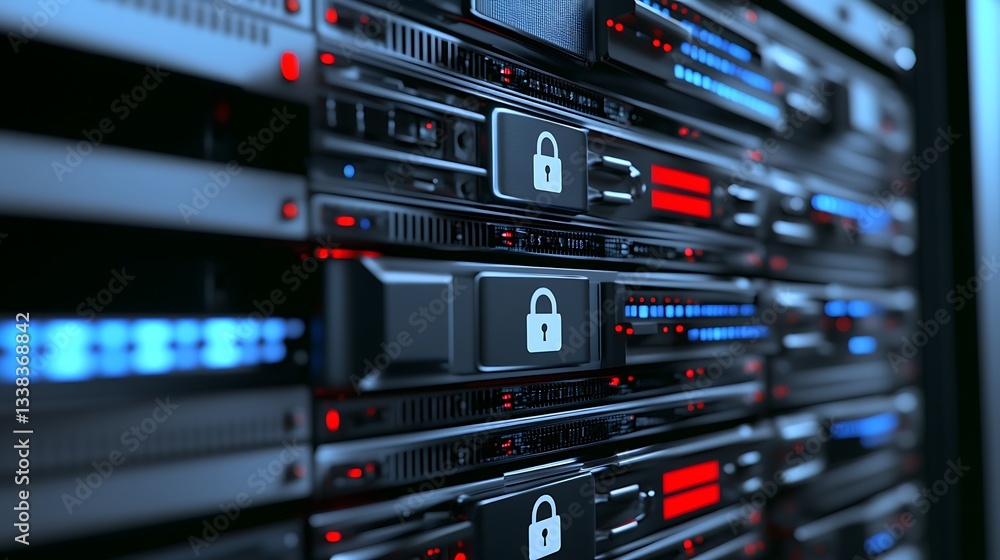Poster high-tech server room with secure data storage and encryption system for modern digital security sol