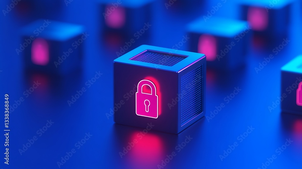Poster illuminated cube with lock icon symbolizing digital security and data protection in modern technolog