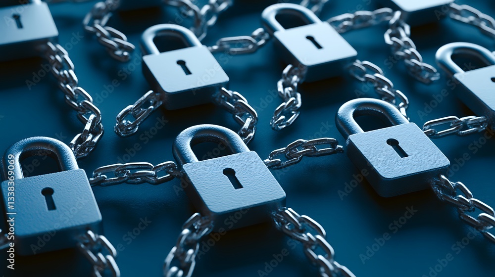 Poster interconnected metal locks and chains symbolizing security and protection of information and assets