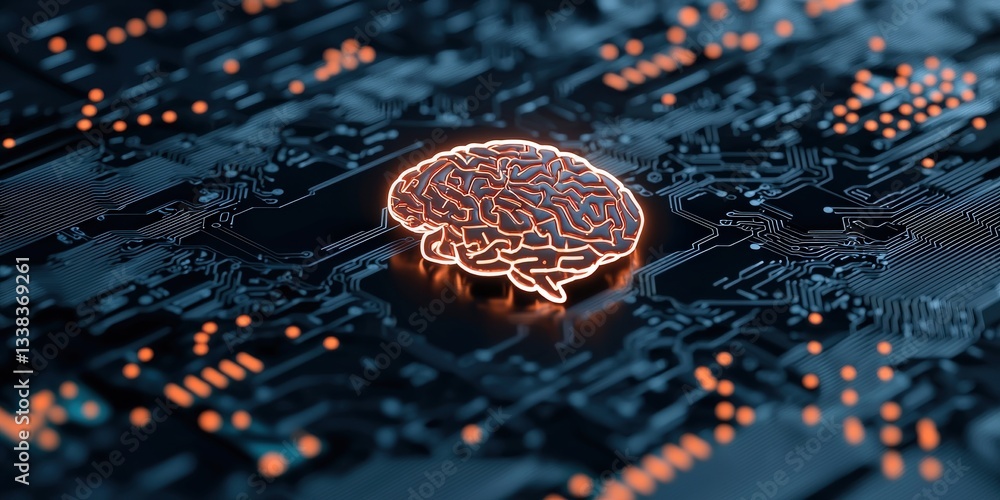 Poster create opportunities innovation goal-setting concept. digital brain on a circuit board with glowing 
