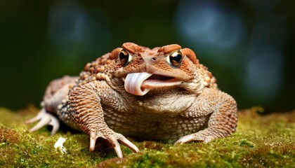 Fototapeta premium Macro shot of a frog’s tongue in motion, catching an insect. A dynamic and detailed wildlife image, perfect for nature and animal-themed designs