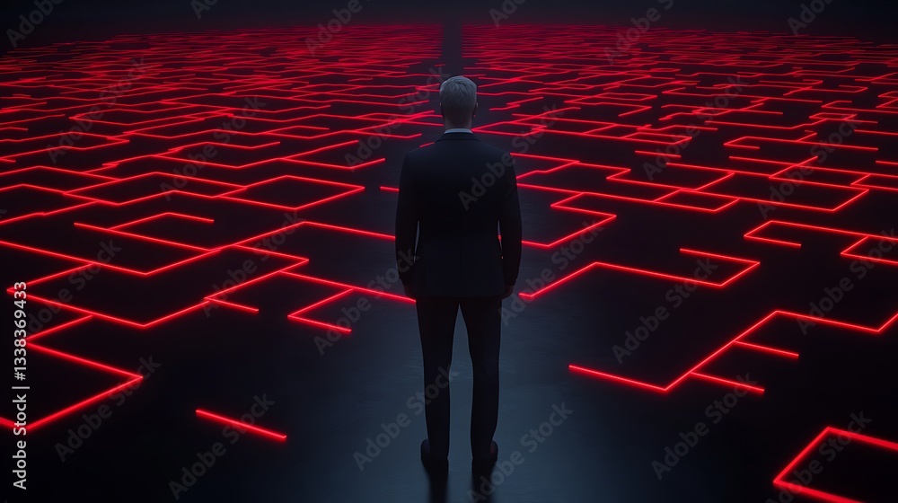 Poster man in business suit standing in a futuristic maze with neon red lines and dark background