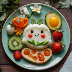 Obraz premium Breakfast with fresh vegetables and fruits, presented in a cute way