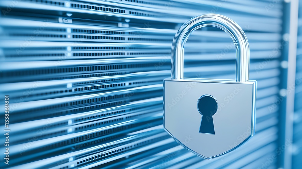 Aufkleber metallic lock on server rack representing data security and cyber protection in a digital environmen