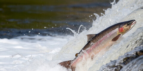 A salmon leaps through rushing water, showcasing its strength and determination in a vibrant natural setting.
