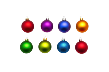Colorful Christmas ornaments in various shades including red, purple, blue, orange, green, and gold are arranged in row, showcasing festive and vibrant holiday decoration theme