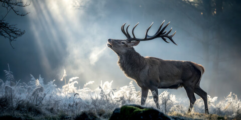 A majestic stag stands in a misty forest, illuminated by soft rays of sunlight filtering through the trees, exuding a serene and powerful presence.