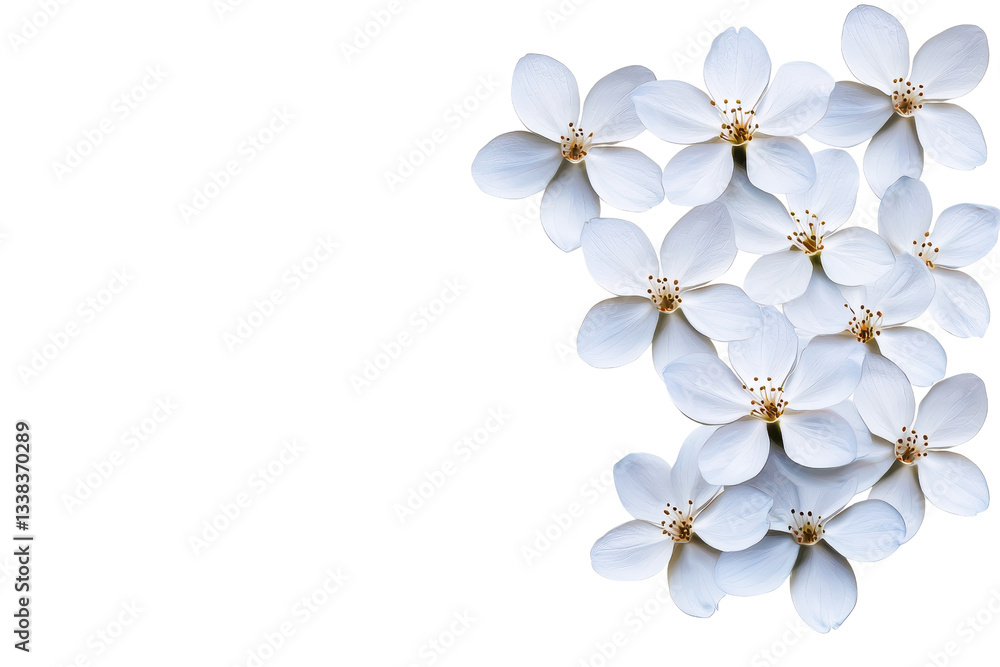 Poster delicate white flowers with five petals arranged in cluster on transparency background, creating str