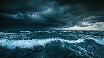 A storm approaching over the sea with dark clouds and choppy waves, creating a moody and dramatic weather scene as the ocean prepares for the coming storm.