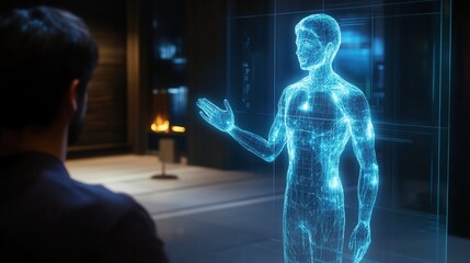 a digital twin hologram of a person, interacting in real-time for business meetings and virtual communication. 