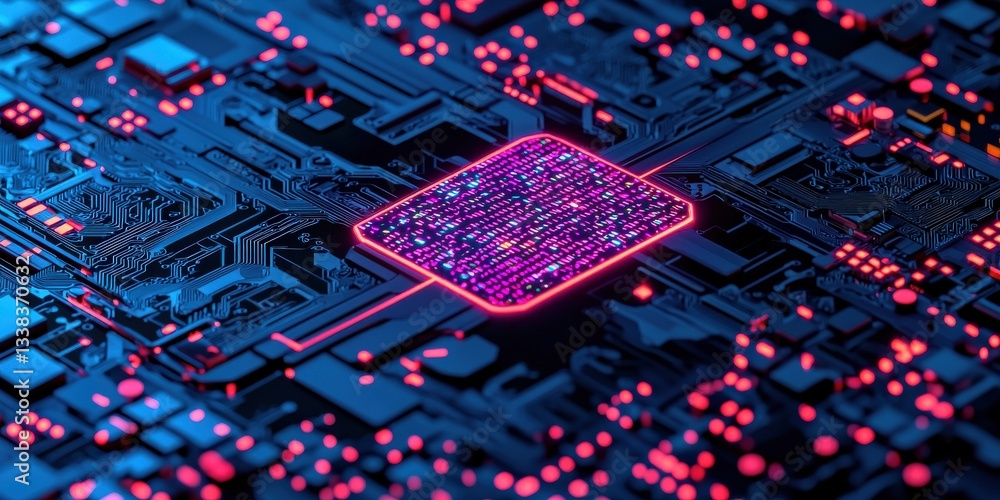 Poster create opportunities innovation goal-setting concept. futuristic circuit board with glowing elements