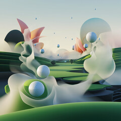 A 3D render of a surreal landscape with floating golf balls, ethereal mist, and distorted golf courses, blending natural elements in soft, harmonious colors.