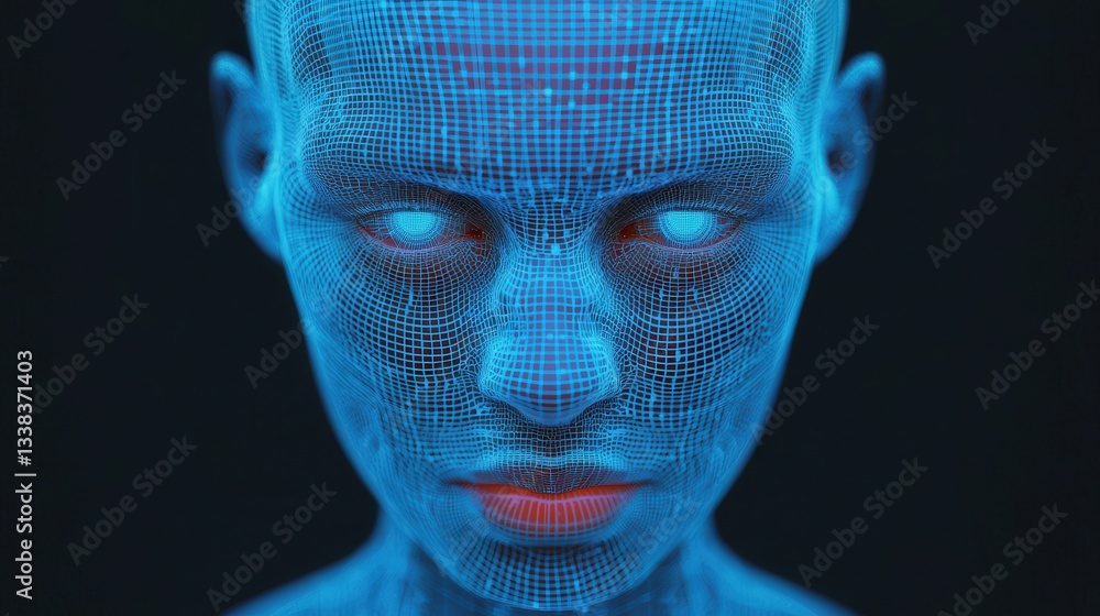 Poster create opportunities innovation goal-setting concept. futuristic digital face with a grid overlay in