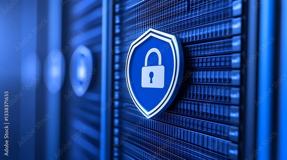 Poster modern data center security concept with a digital lock icon on server rack in blue color scheme
