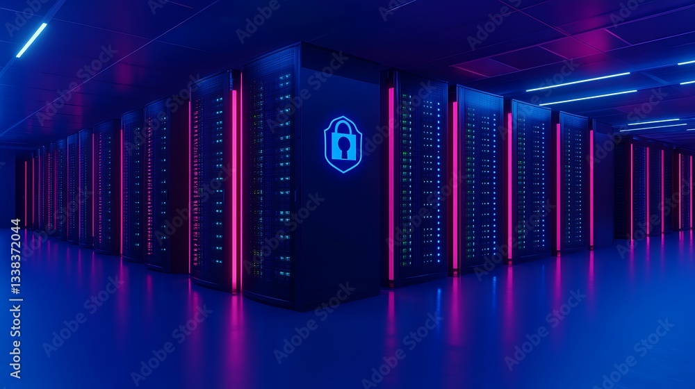 Aufkleber modern data center with bright neon lights and security icon for technology and cybersecurity concep