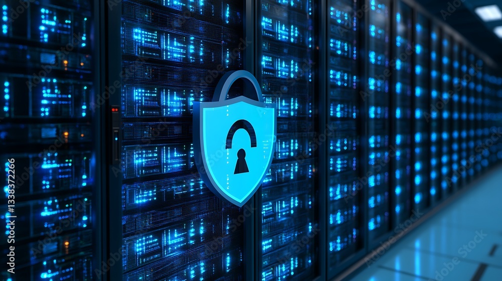 Poster modern data center with high-tech security shield and blue light displaying network infrastructure