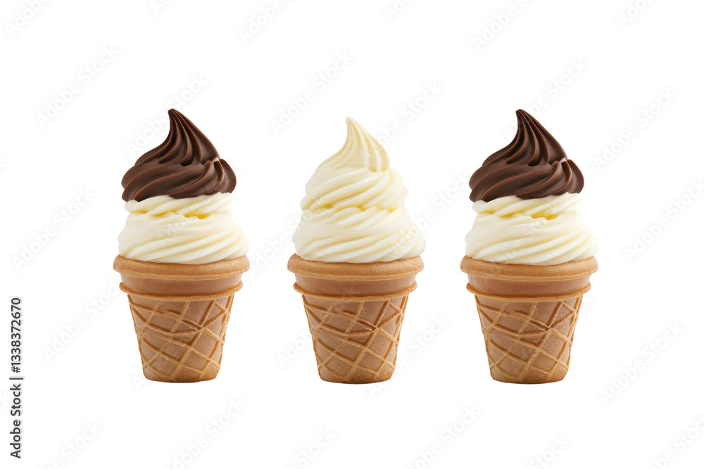 Poster three delicious soft serve ice cream cones with vanilla and chocolate swirls are arranged row, showc
