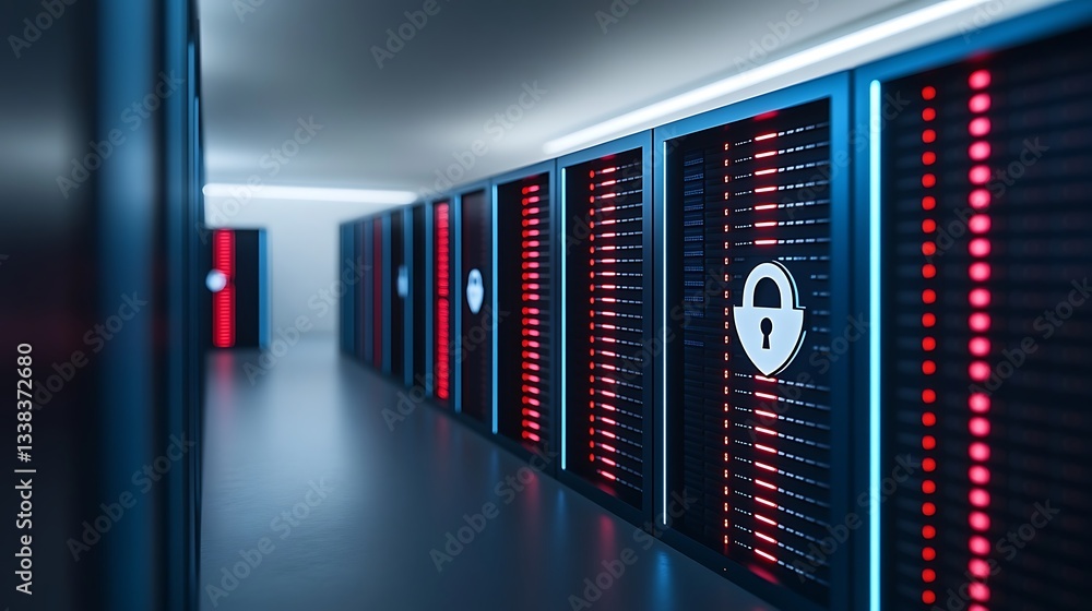 Poster modern data center with secure server racks, network storage, digital security measures, and red led