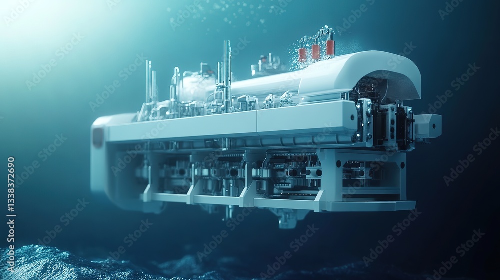 Poster a futuristic subaquatic factory using robotic automation for deep-sea projects.