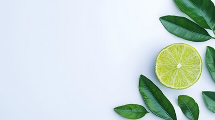 Lime fruit half with vibrant green leaves on white background