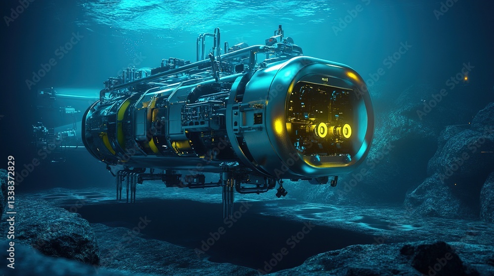 Poster a futuristic subaquatic factory using robotic automation for deep-sea projects.