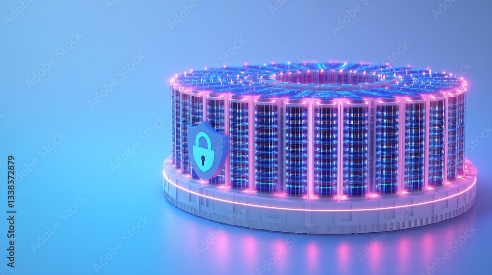 Poster modern data security concept with digital lock symbol and glowing server rack illustration
